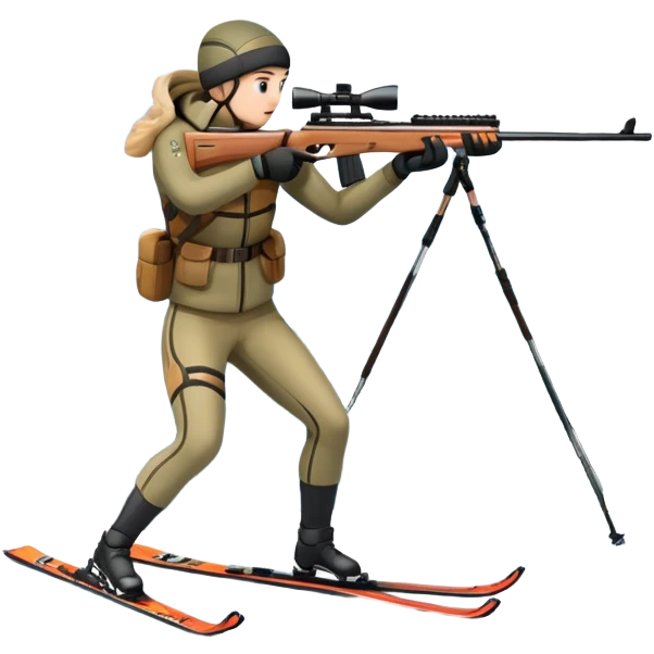 An icon showing a snowy landscape with pine trees, mountains, and a clear sky with a biathlete aiming a rifle in the foreground, wearing winter gear and skis. Transparent background emphasizes the precision, endurance, and beauty of this winter sport. emoji