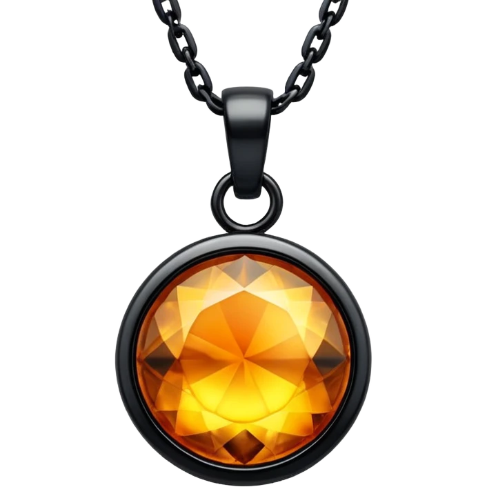 extreme close up of a round cut holographic amber charm with black setting and black chain emoji