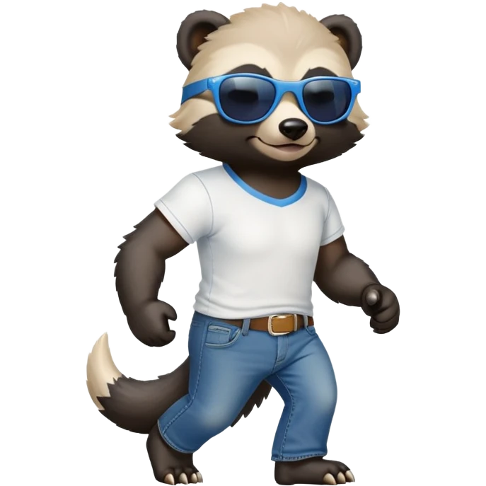 friendly anthropomorphised honey badger in jeans and a t-shirt, wearing sunglasses, walking upright, standard pose emoji