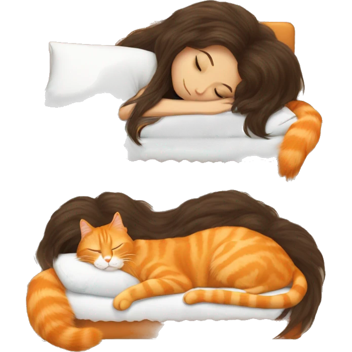 orange cat sleeping with long haired brunette girl emoji