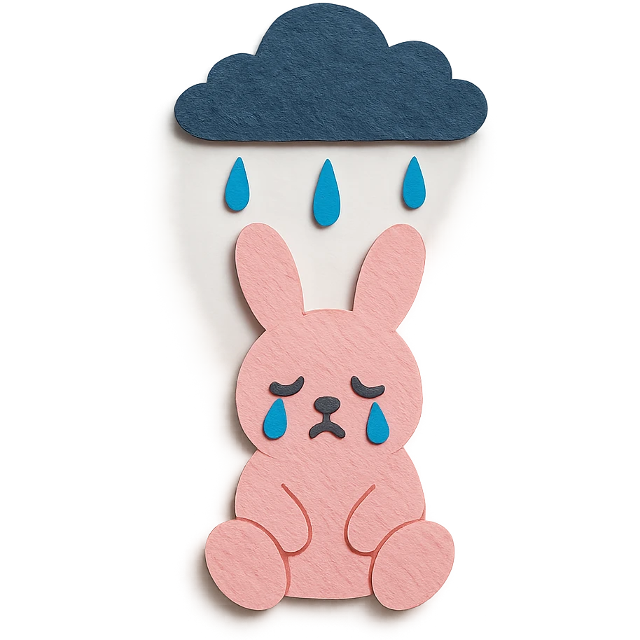 marshmallow bunny sitting with tears under a raincloud, paper-craft style emoji