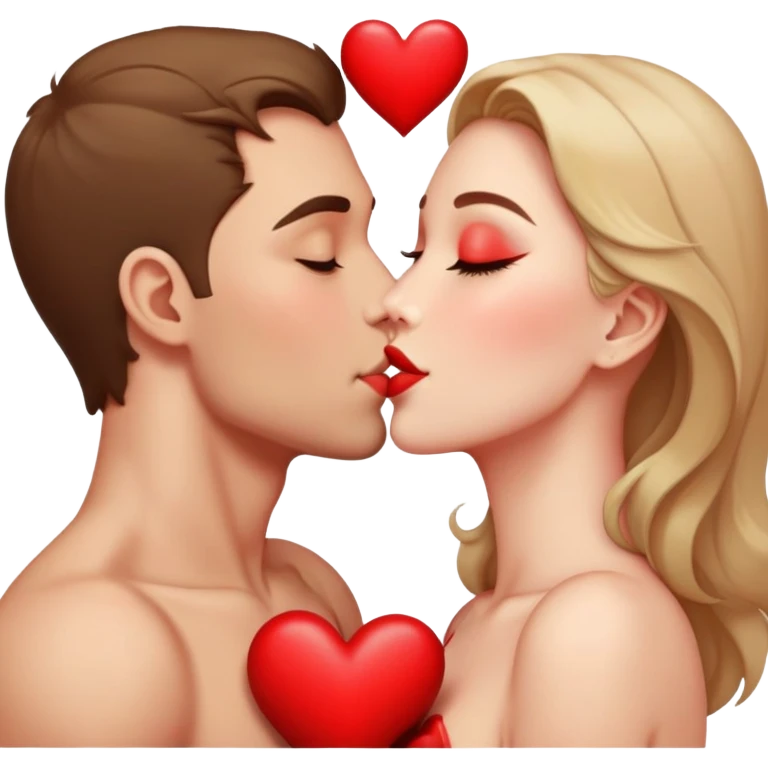 Two people sharing a passionate kiss with heart symbols around them emoji