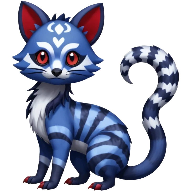 Rare warm-colored exotic gloomy tropical edgy cute epic aesthetic spooky indigo purple white black red gothic colorful Salandit-Furret-Espurr-Meowstic-Civet-species-Fakemon-hybrid-creature, with tribal tattoo markings, full body emoji