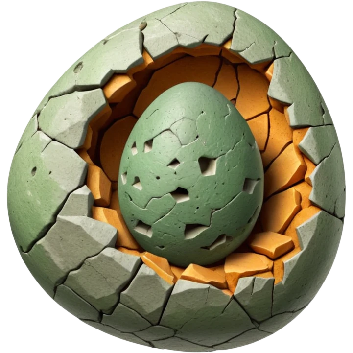 3D render of Dino Egg, embedded in a chunk of rough sedimentary rock, cracked stone texture, ancient fossil aesthetic, speckled greenish-grey stone egg with a crack, matte dry finish, Apple emoji style, isolated on white background --v 6.0. emoji