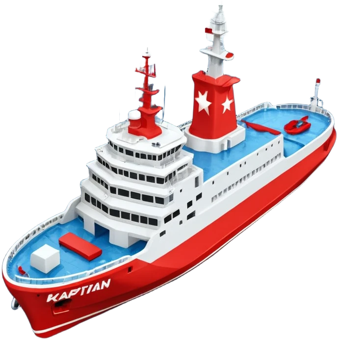 Realistic 3D icon of icebreaker "Kapitan Krutov" (grey hull, red star, white superstructure, "РОСМОРПОРТ" lettering). Soft winter lighting, 3/4 aerial view. Fractured blue ice, white background. High detail, photorealistic GSON style. emoji