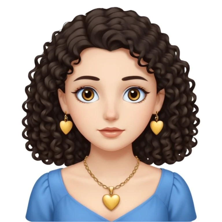 white girl, dark curly hair, big brown eyes, oval face, straight nose, full lips, soft eyebrows, wearing a delicate blue dress, a golden heart necklace, long eyelashes  emoji