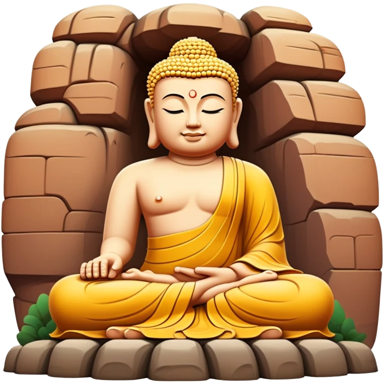 Leshan Giant Buddha massive stone statue, simplified emoji style with bold outlines and bright colors, cartoon style sitting Buddha carved in cliff emoji