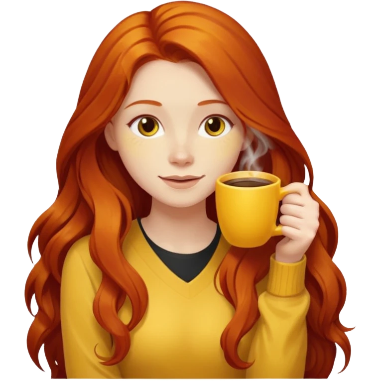 Happy long haired redhead hugging big yellow marble drinking coffee emoji