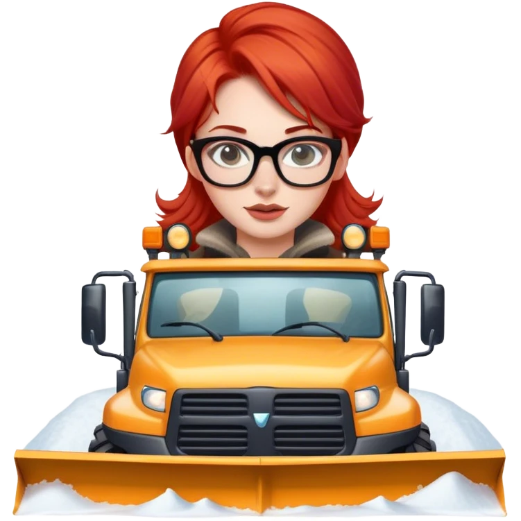 lady with red hair and glasses driving a big Snowplow emoji