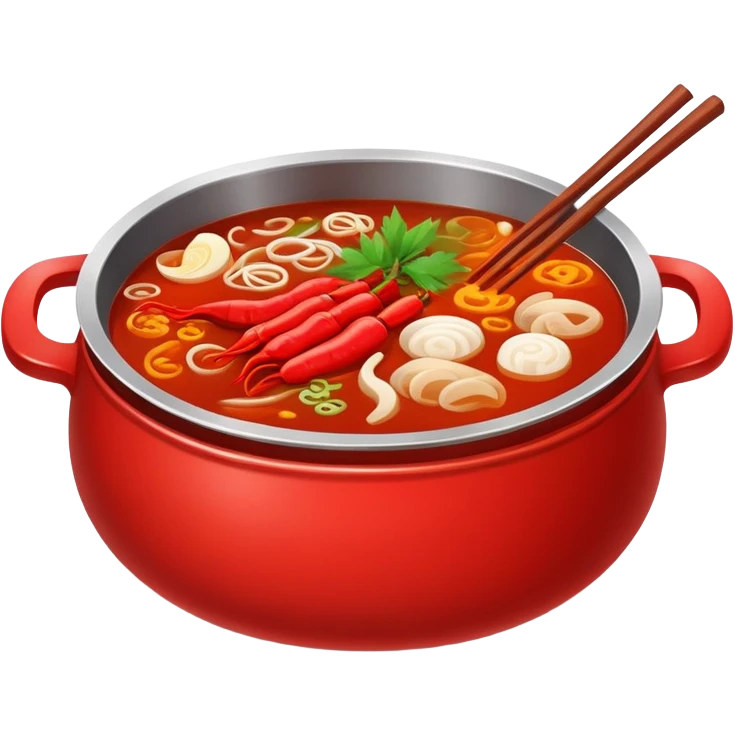 Chongqing hotpot with red spicy broth and ingredients, simplified emoji style with bold outlines and bright colors, cartoon style Chinese hot pot emoji
