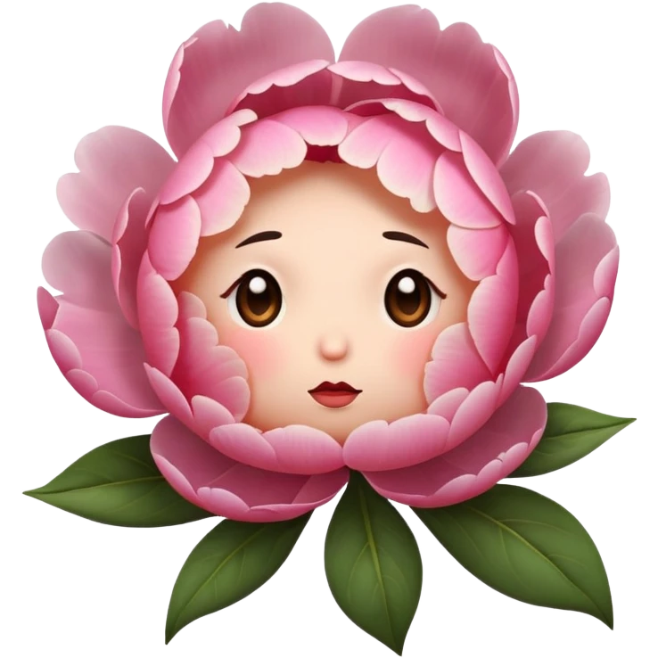 pink peony flower with a round body, blushing cheeks, nervous expression emoji