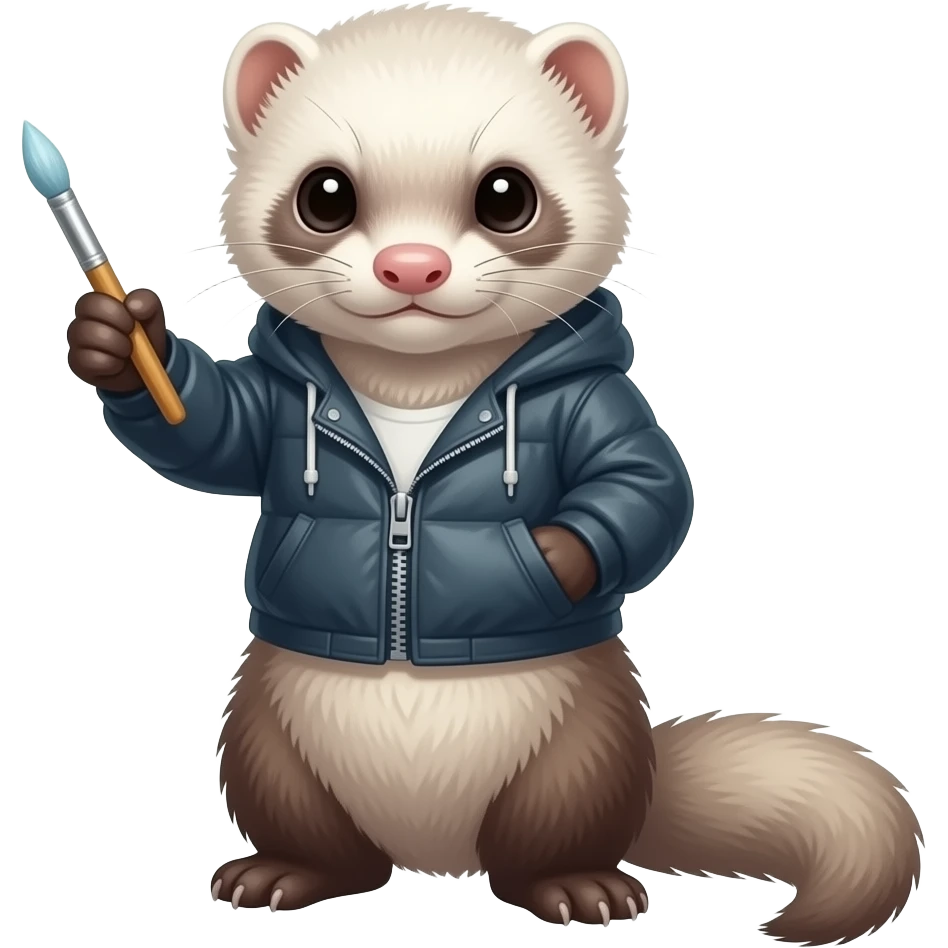 White ferret in a jacket painting a canvas emoji