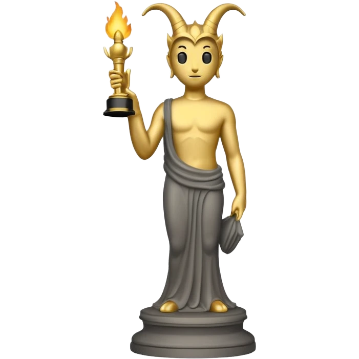 Minimalist emoji-style sticker of a full-body Oscar-like statue in matte gray-gold, with small horns  and faint flames at the base, all in black and muted hues emoji