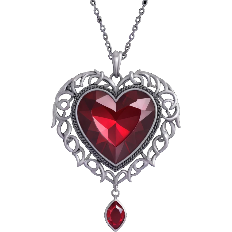 gothic heart, black velvet texture, silver chain fringe, deep red gemstone, dramatic and ornate emoji