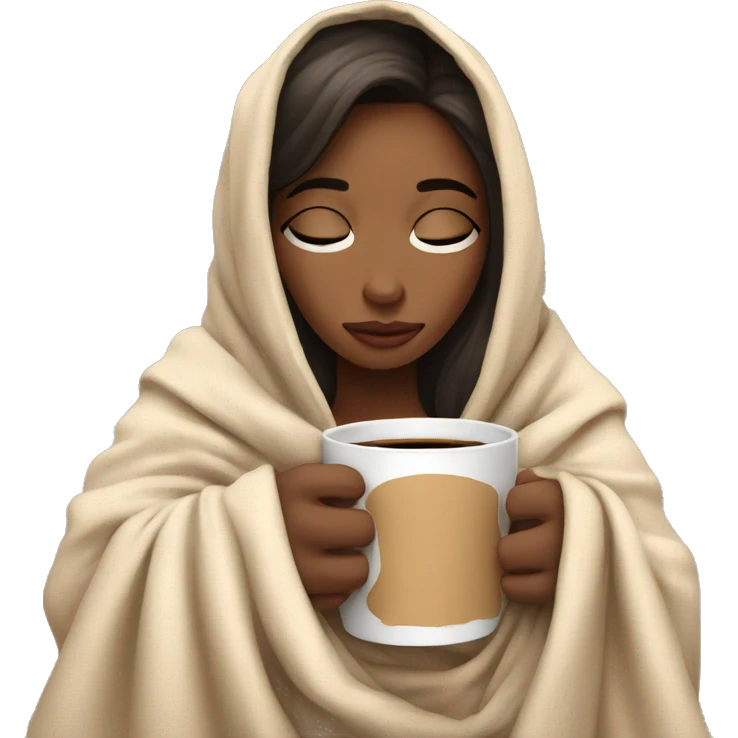 Girl inside a blanket sipping coffee eyes closed emoji