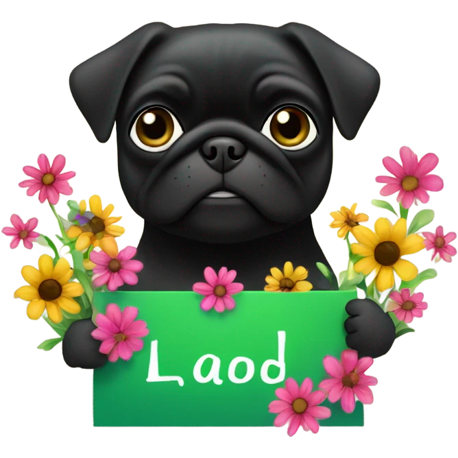 Black pug , surrounded by flowers, holding a green sign that says “good luck”  emoji