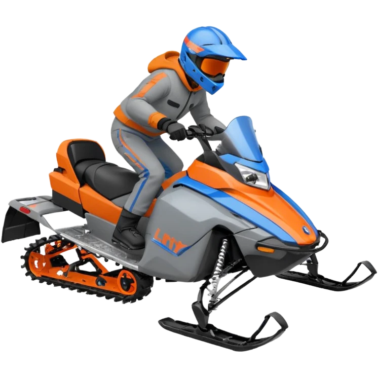 red Lynx brand snowmoble wheelies. driver with gray clothes and black/orange / blue helmet emoji