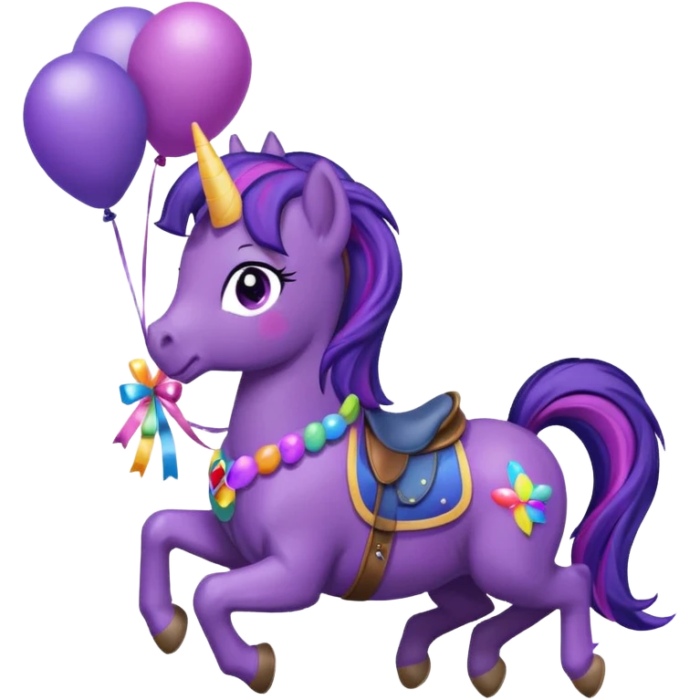 twillight sparkle mlp holding colorful balloons tied to its saddle, looking cheerful. emoji