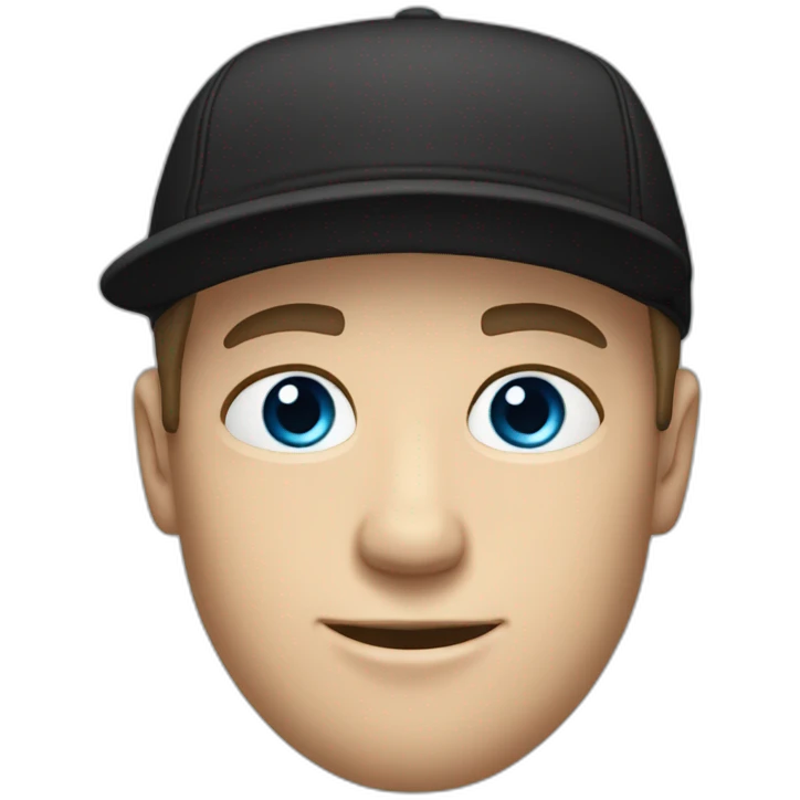 a blue-eyed white guy with dark hair in a black backward cap and in oversized t-shirt emoji