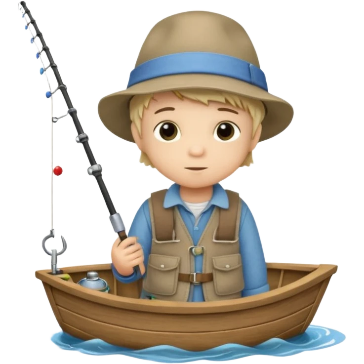 Little boy on a little boat fishing, felt texture, scrapbooking, precious moments style character emoji