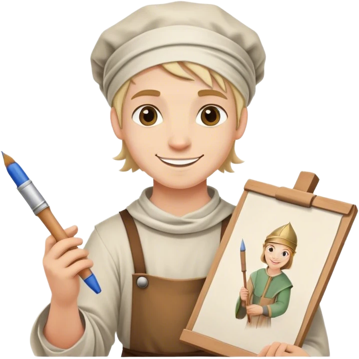 happy apprentice painter with rolled up drawing, medieval age emoji