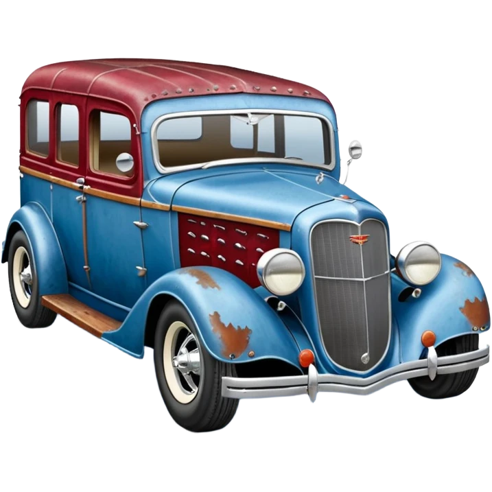 A 1934 fenderless(fenders removed) body shell rustic old antique rat Chevrolet hot rod caravan that’s blue and cherry pearl  emoji