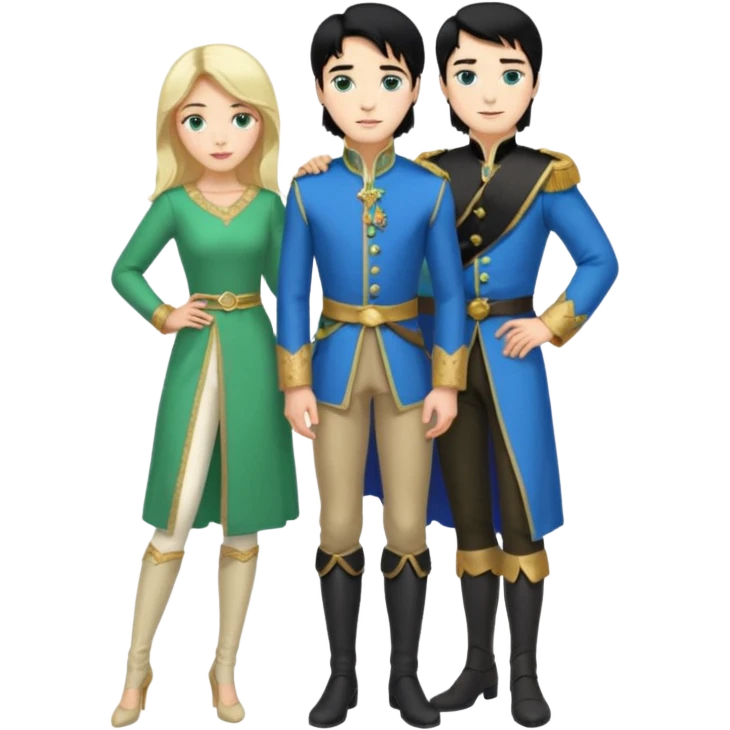 prince, standing upright, black Hair, blue eyes, garment,  woman, bending knee, White sleveless dress, blonde hair, green eyes, emoji