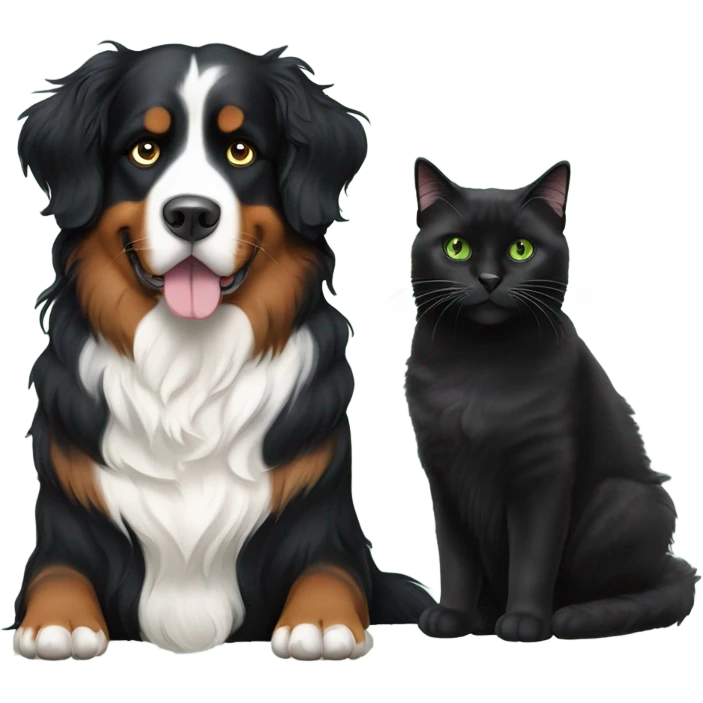 Bernese mountain dog sitting next to a long haired black cat with green eyes emoji