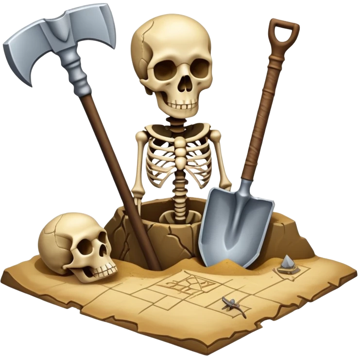 An icon featuring a shovel, pickaxe, and ancient artifacts, symbolizing archaeology. The design includes a partially unearthed skeleton and a treasure map, representing the discovery of past civilizations. Transparent background emphasizes the adventure of uncovering history. emoji