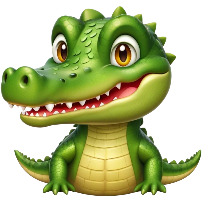 Cinematic Realistic Cute Crocodile Portrait Emoji, Head tilted playfully and inquisitively, featuring a robust, well-defined build with intricately detailed, glossy olive-green scales and a surprisingly endearing face with round, sparkling eyes full of unexpected charm, rendered with lifelike texture and natural highlights, high shine, affectionate and spirited, styled with a touch of wild whimsy, soft glowing outline, capturing the essence of a mischievous yet lovable crocodile that seems poised to snap playfully out of the screen into your arms! emoji