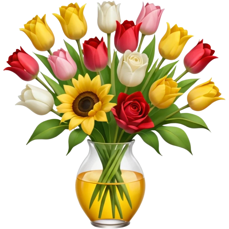 A mix bouquet of red, yellow and white roses, Sunflowers and white and pink Tulips emoji