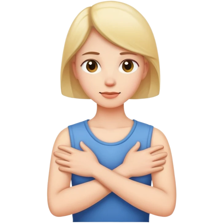 Person with arms crossed holding hands around neck emoji