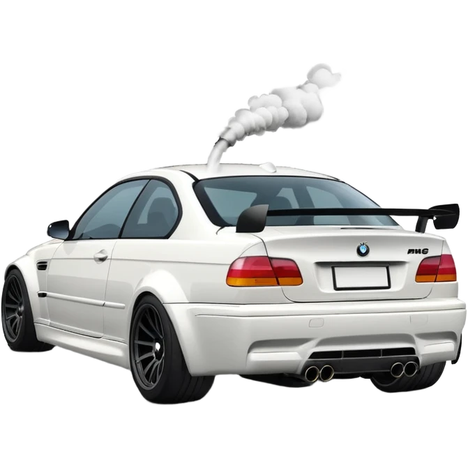 
A white BMW M3 E46 is shown drifting through a corner from a rear-view angle, with a slight wisp of smoke rising from the back and the wheels positioned at a certain angle relative to the turn. emoji