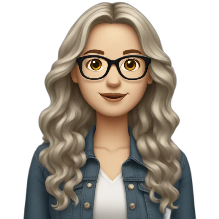 White girl with long wavy dark brown hair wearing square specs emoji