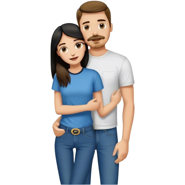 tall white guy with brown hair goatee mustache wearing t-shirt and jeans hugging a shorter white girl with long black hair emoji