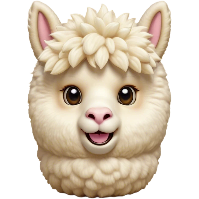 Cinematic Comical Cream Alpaca Portrait Emoji, Head tilted dramatically with an exaggeratedly amused expression, featuring a striking, fluffy cream fleece with playful texture, wide, expressive gentle eyes filled with playful disbelief, Simplified yet hilariously expressive features, highly detailed, glowing with a slightly sassy glow, high shine, dramatic yet playful, stylized with an air of cheeky mischief, bright and endearing, soft glowing outline, capturing the essence of a spirited and over-the-top alpaca, so meme-worthy it feels like it could side-eye its way into internet fame instantly! emoji