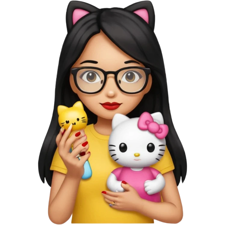 Nails cute with hello kitty wear glasses black long  hair, woman wear yellow shirt , red nails , big hello kitty doll emoji