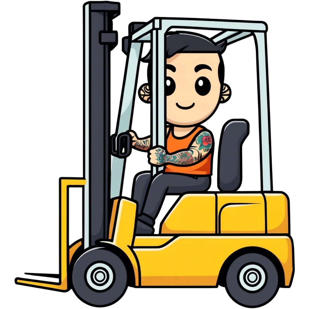 Biker dude with face tattoo on forklift forks emoji