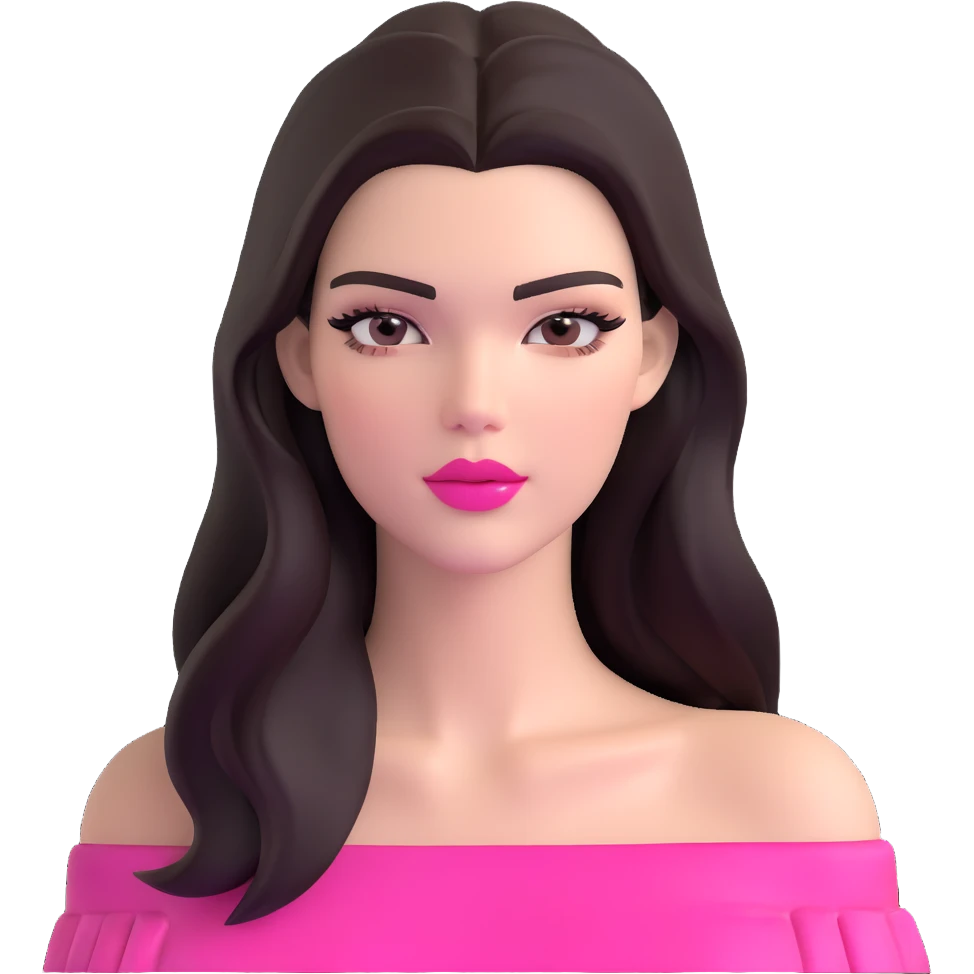 Kendall Jenner supermodel, longer face, long dark hair, bright pink glossy lipgloss, rosy pink blush, bare shoulders emoji