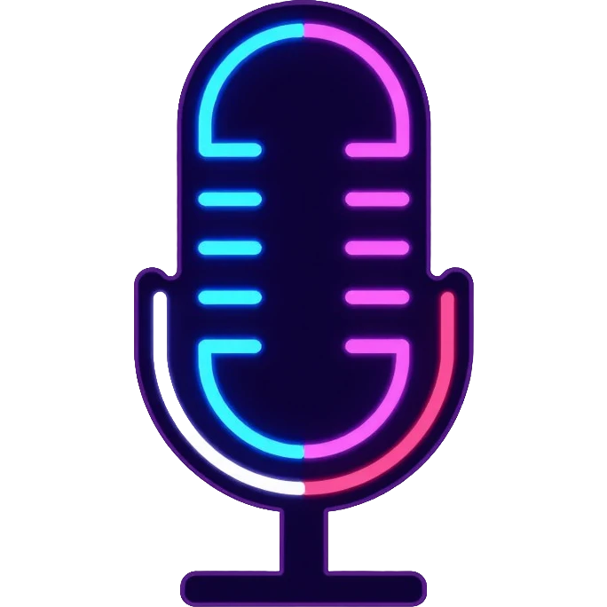 desktop studio microphone in profile view with neon glow effect, blue and purple neon glow on top left, pink neon glow on bottom right emoji