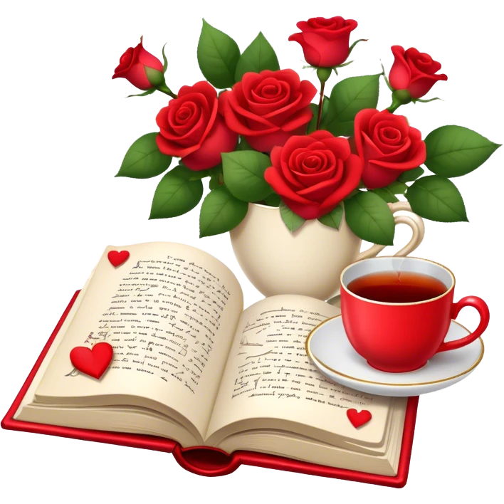 Icon for Romance Reading: an open book with a heart-shaped bookmark, surrounded by roses, a love letter, and a cup of tea, with small hearts and Cupid with bow and arrows flying out of the pages. Transparent background. emoji