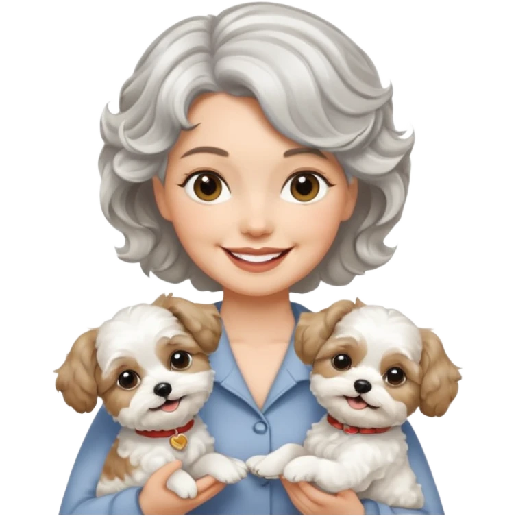 silver, short, wavy-haired with loose curls, smiling pretty lady holding a white terrier and a white/tan shih tzu dog emoji