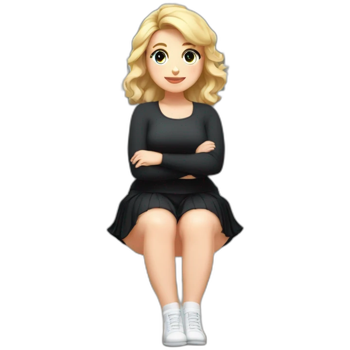 Front view full body curvy caucasian beauty sitting on the floor straight hands up black skirt white knickers white socks emoji