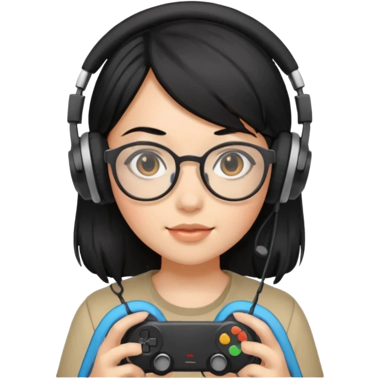 
gamer, black hair girl with glasses, headphone, gamepad emoji