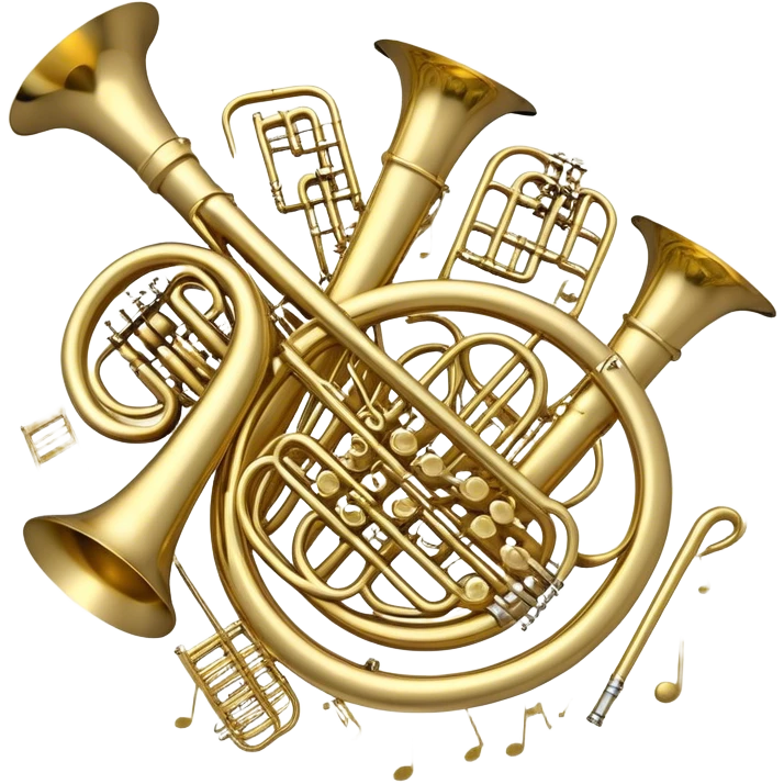 Create a festive and elegant emoji collage featuring a bouquet or fan of bells of wind instrument  (trumpets, saxophones, trombones, tubes, etc.) arranged in a radiant, symmetrical pattern. The instruments should have polished, golden and silver finishes, with their large, shiny bells forming a beautiful, fan-like display. Include a flowing ribbon of musical notes swirling through the center, conveying movement and melody. The background should feature a deep red velvet texture, adding a touch of luxury and sophistication. The overall composition should be balanced, with an elegant and regal feel, with a transparent background to keep focus on the instruments and musical elements. emoji
