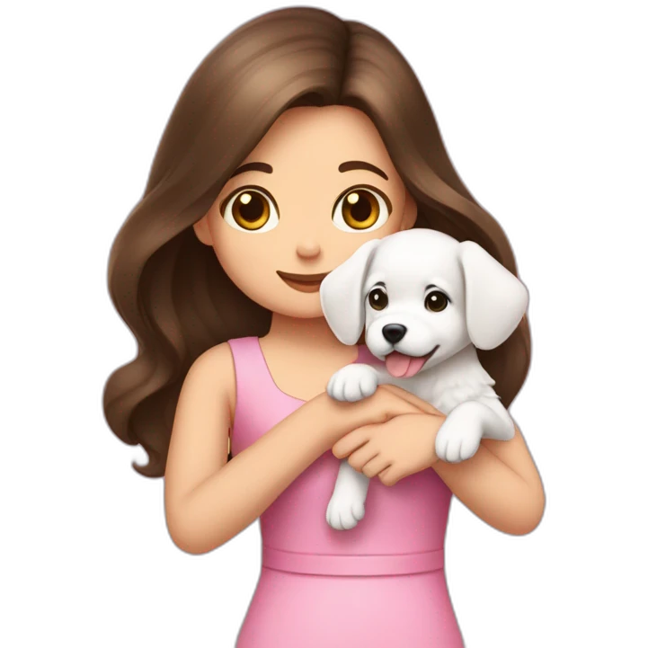 girl brunette hold on the hand small white puppy which dressed in pink dress emoji