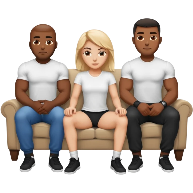 White girl sitting criss cross on couch with five muscular black men in white tshirts around her emoji