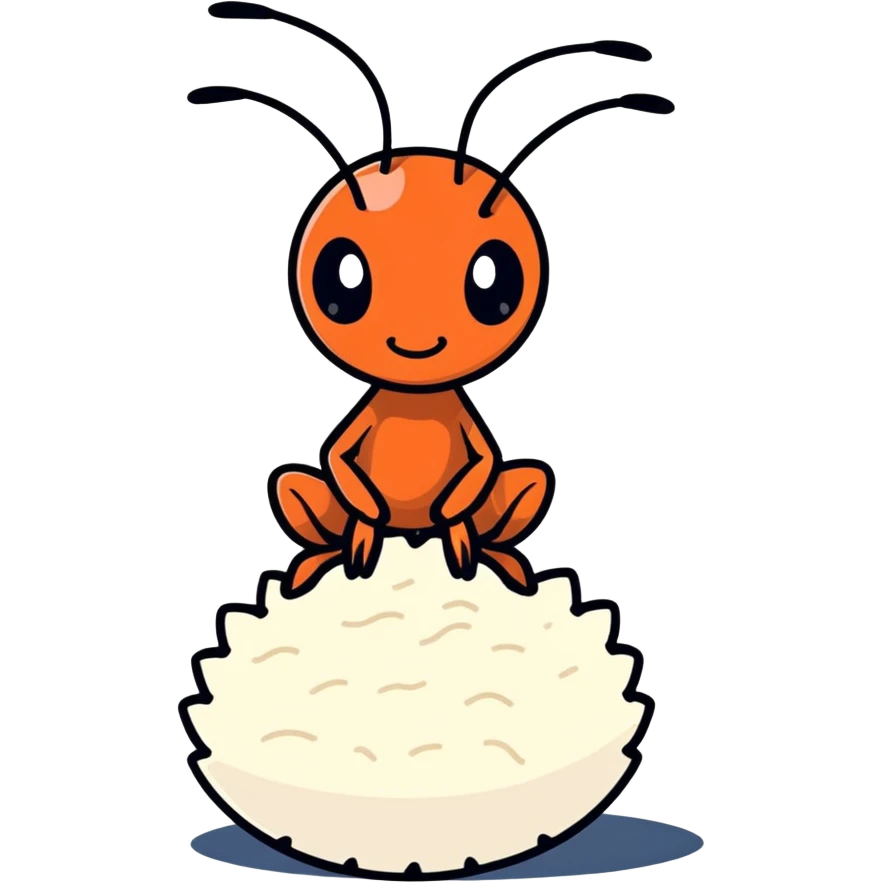 Cartoon ant sitting on a small piece of rice emoji
