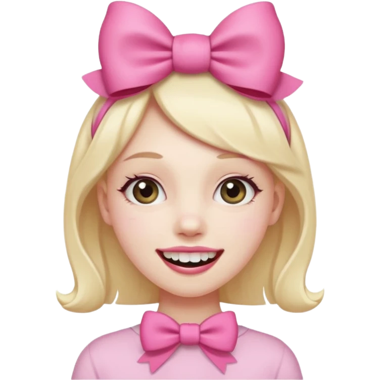 smiling emoji with a pink bow on head and hand placed on the teeth emoji