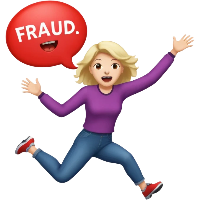 Woman jumping screaming and word “fraud” in a bubble emoji